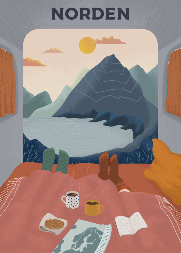This is a stunning illustration of two individuals unwinding in a van, surrounded by breathtaking mountains and a tranquil lake—a perfect addition to the Nordics travel poster series. The interior details include coffee cups, a pastry, a book, and a map scattered on the bed. Curtains elegantly frame this serene scene, with "NORDEN" boldly displayed above. This artwork is printed on premium-quality matte paper under the title "Poster: Morning Coffee - Come to Norden (50 x 70 cm).