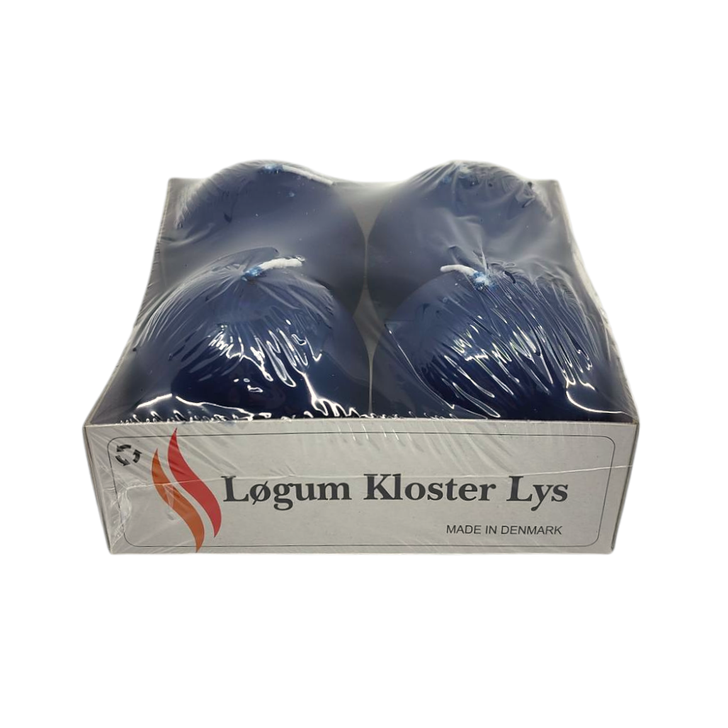 A shrink-wrapped pack of four Løgum Kloster Lys 2.5 Ball Candles—Made in Denmark—ideal for adding warm HYGGE vibes to your home.