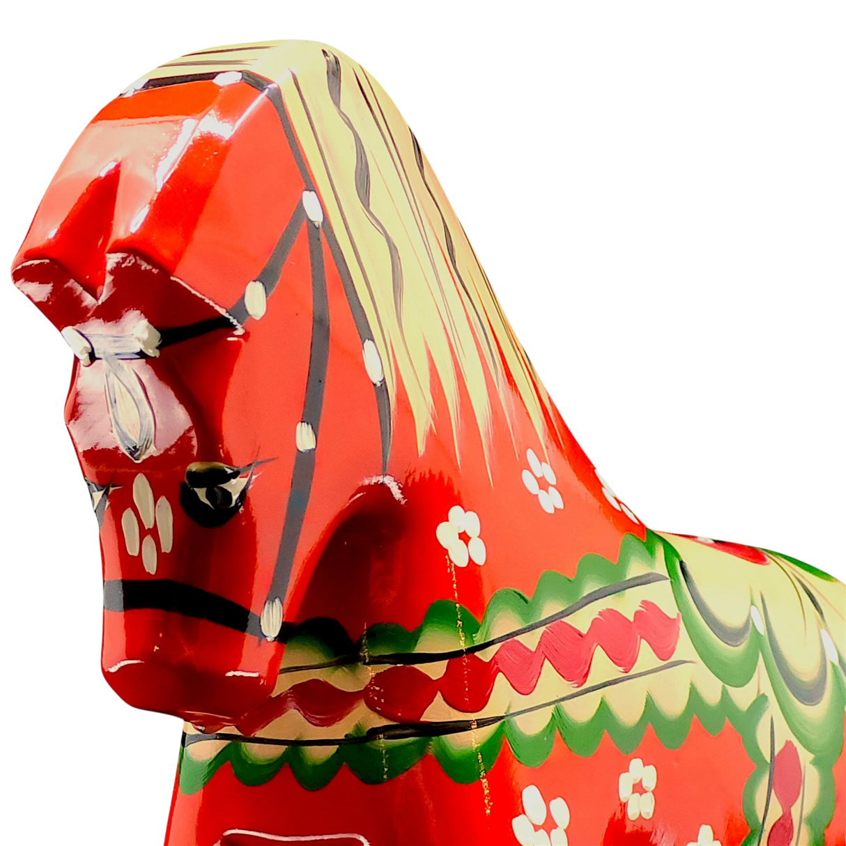 Close-up of the handcrafted Red Swedish Dala Horse "Färnäshästen" by Nils Olsson (14 cm), painted with white, green, yellow, and black patterns—an iconic piece of Swedish folk art—shown against a plain white background.