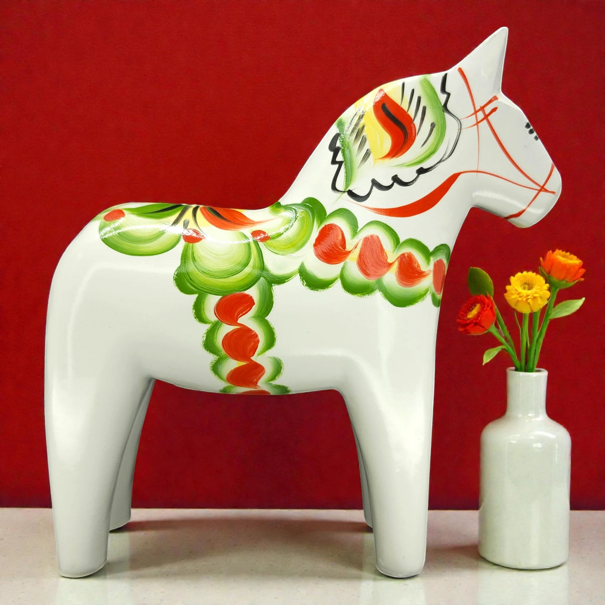 Dala Horse: White Swedish Dala Horse with Multi-Color Kurbits | Handcrafted by Nils Olsson in Sweden