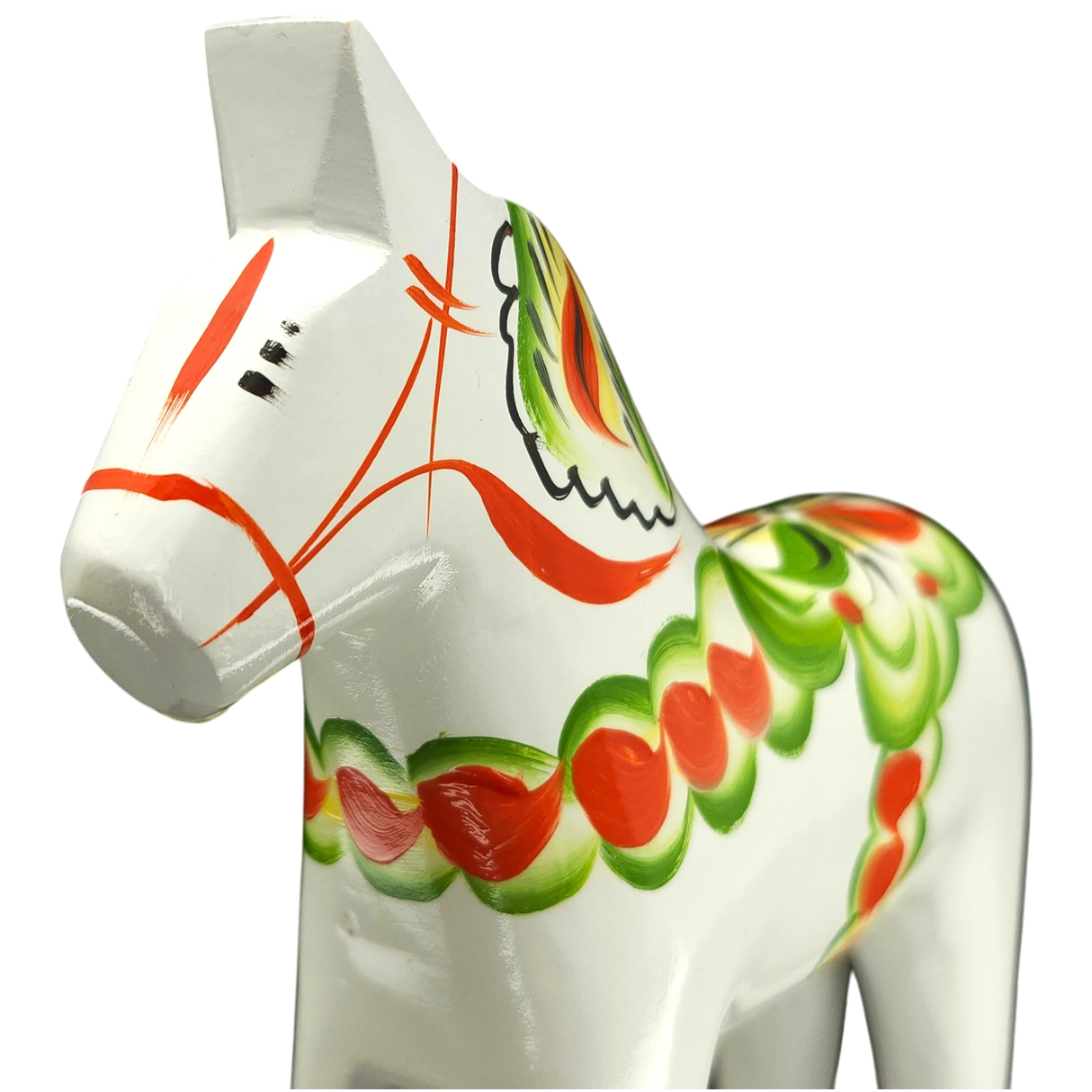 Dala Horse: White Swedish Dala Horse with Multi-Color Kurbits | Handcrafted by Nils Olsson in Sweden