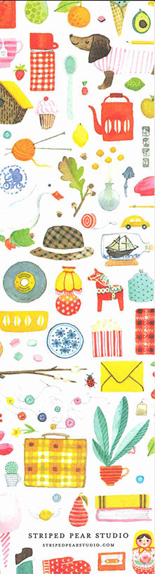 Colorful illustrated collage by Kirsten Sevig featuring a teapot, dachshund, plants, key, envelopes, birds, and patterns. The Bookmark: Hygge product is arranged vertically on a white background.