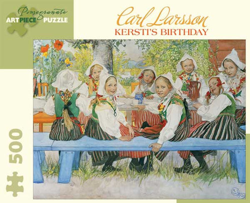 The product, "Puzzle: Carl Larsson Kersti’s Birthday (500 Pieces)," showcases the artwork "Kersti's Birthday" by Carl Larsson, depicting children in traditional attire gathered around a table outdoors. This 500-piece jigsaw puzzle is ideal for both art lovers and puzzle enthusiasts.