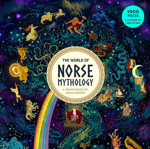 Box cover of Puzzle: World of Norse Mythology Puzzle 1000 pcs by Adam Simpson, showing Norse gods, mythical figures, and a rainbow bridge under a starry night sky.