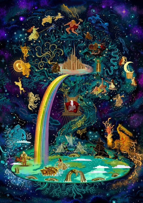 Colorful fantasy art by Adam Simpson features gods, creatures, and a rainbow bridge in cosmic Norse mythology—perfect for the World of Norse Mythology Puzzle 1000 pcs, with mythological symbols encircling a central pool.