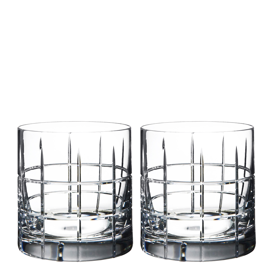 Two clear, round glass tumblers with etched lines stand on a white background. These elegant pieces are from the Orrefors: Street Double Old Fashioned 13 oz (2-Pack) collection, crafted by Jan Johansson.