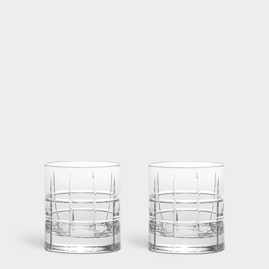 The Orrefors Street Old Fashioned Glass 8oz (2-Pack) features two elegant, grid-patterned clear glass tumblers perfect for cocktails and adding sophistication to any gathering, shown on a plain white background.