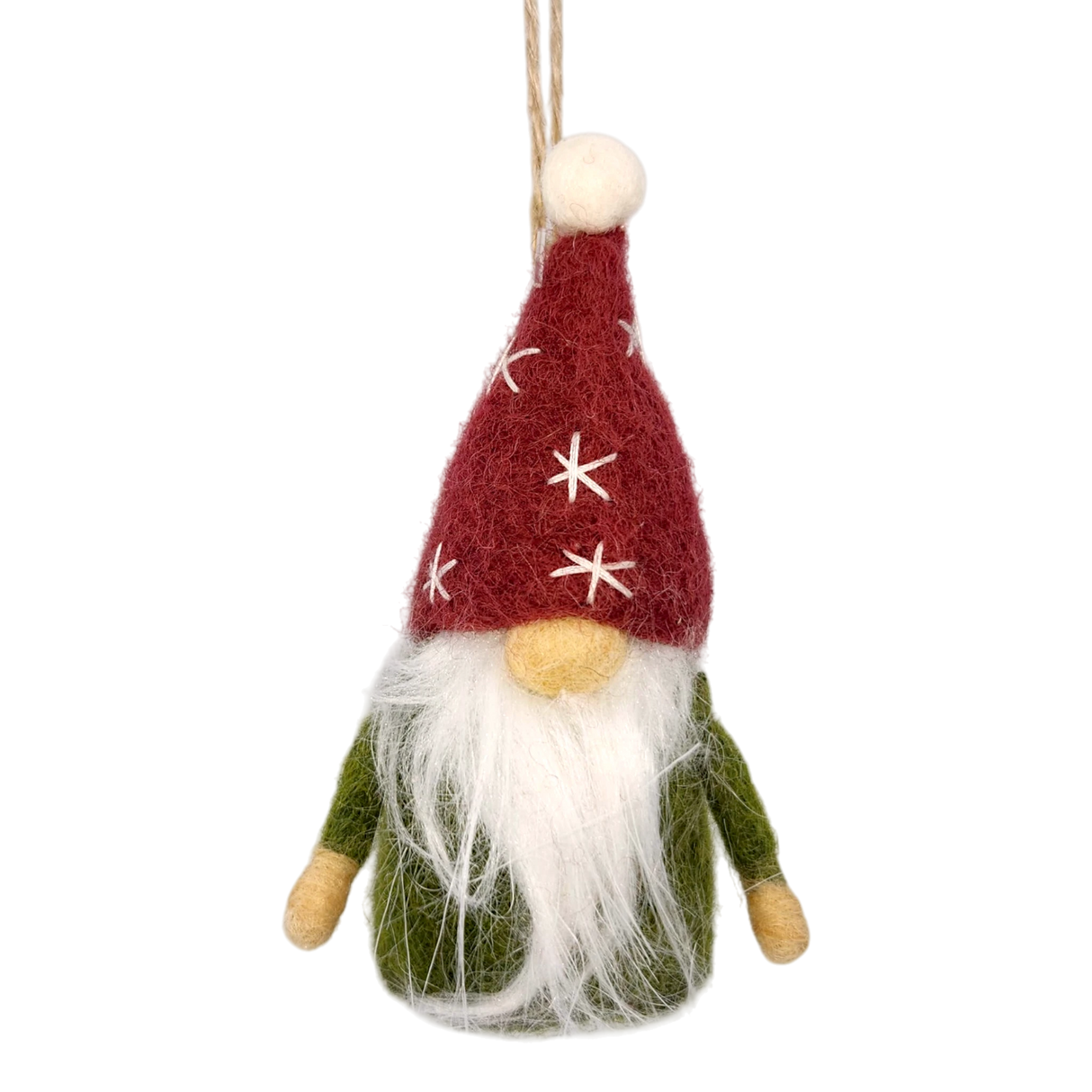 Hand-felted tomte gnome ornament with a red star hat, long white beard, green body, and beige nose hanging by a string.