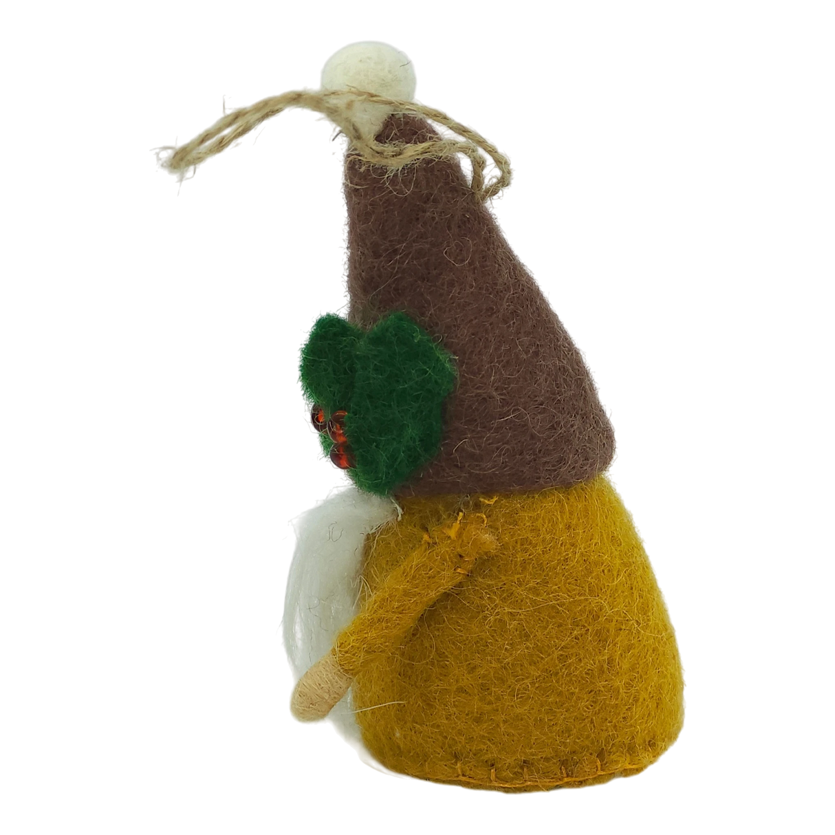 Hand-felted tomte gnome ornament in profile with a brown hat, green leaf detail, white beard, and yellow body on a white background.