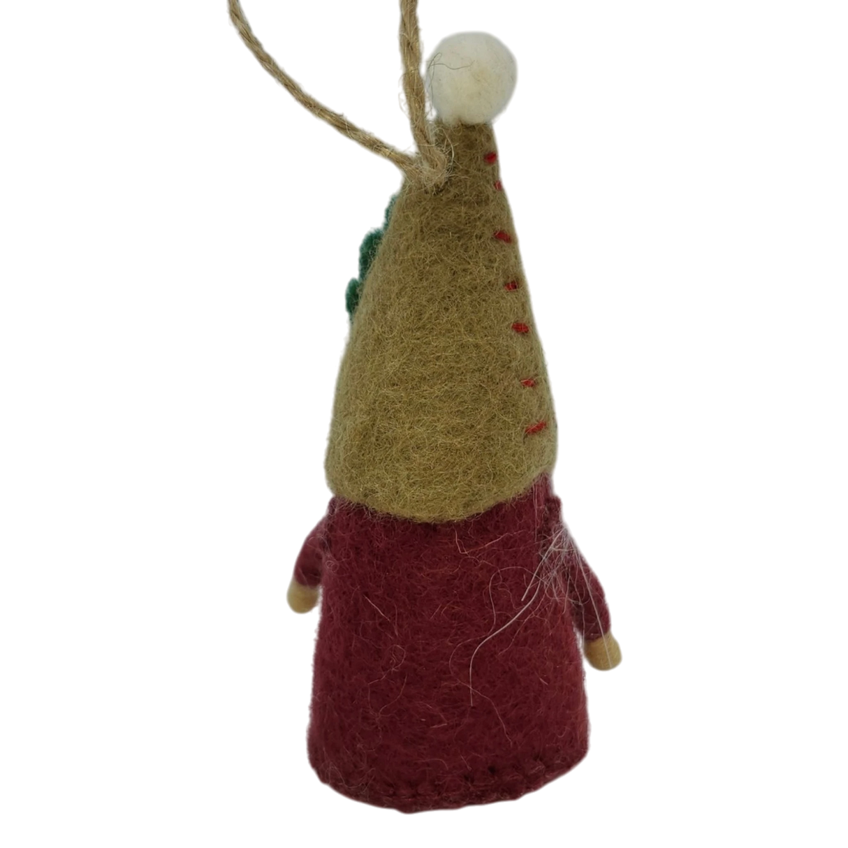 Tomte gnome ornament made of natural wool, shown from the back with a tall tan hat, red outfit, and a hanging string attached to the top.