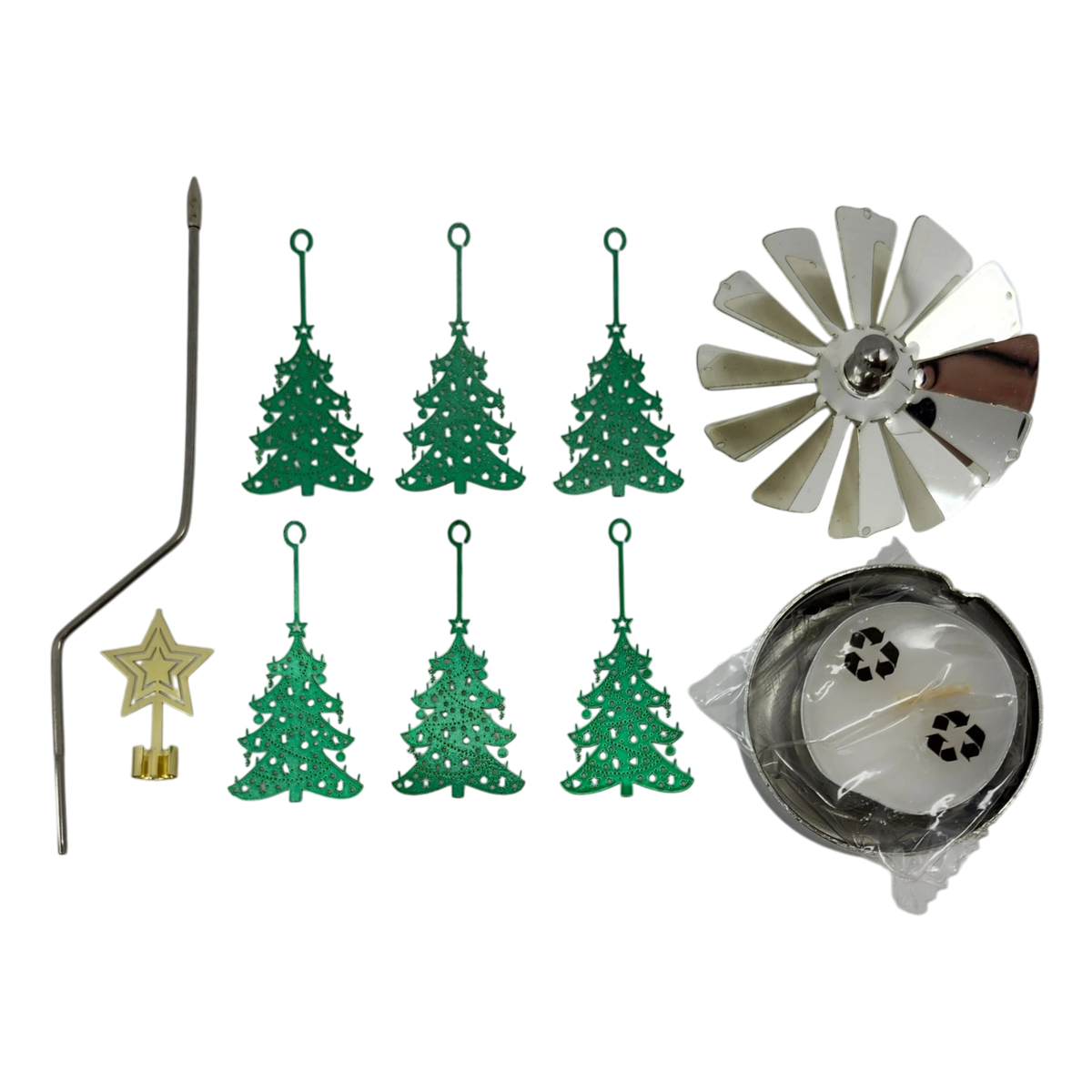 Metal Christmas tree-shaped pieces, rotor, central rod, star topper, and round base for a rotary candle holder carousel displayed on a white background.