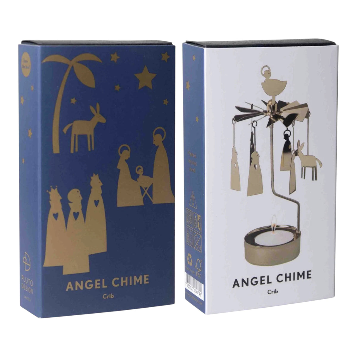 A metal Scandinavian angel chime with a nativity scene, displayed next to its blue and white product packaging.