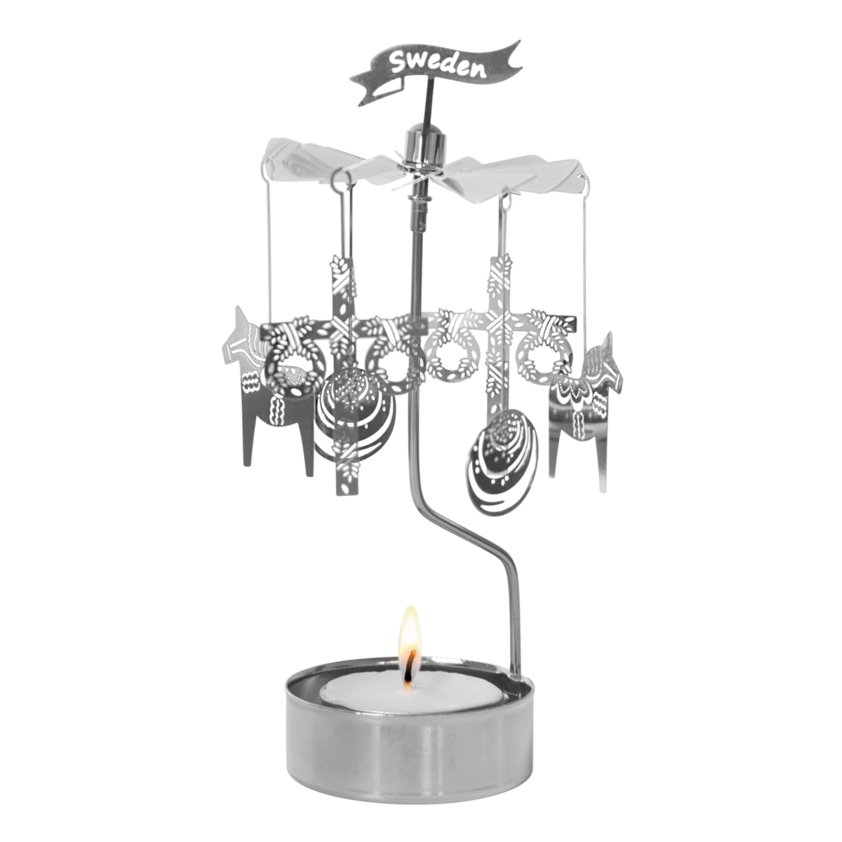 Rotary candle holder with Viking-themed hanging ornaments, “Sweden” sign on top, and a visible tealight below; inspired by Scandinavian design.
