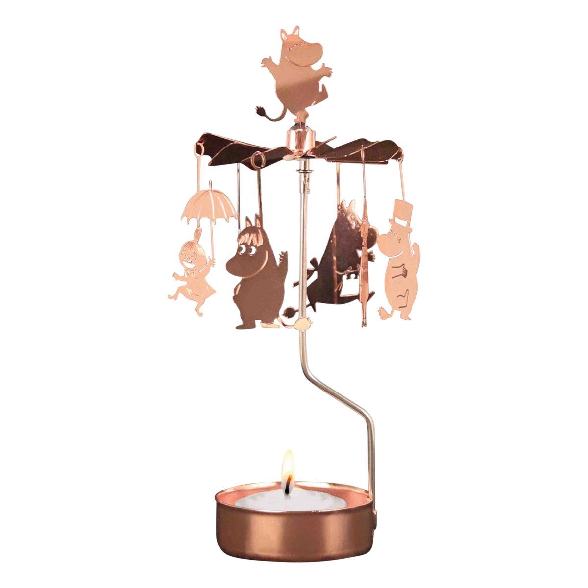 Rose gold candle carousel with metal Moomin family and animal figures hanging above a tealight holder, arranged in a circle to spin from heat.