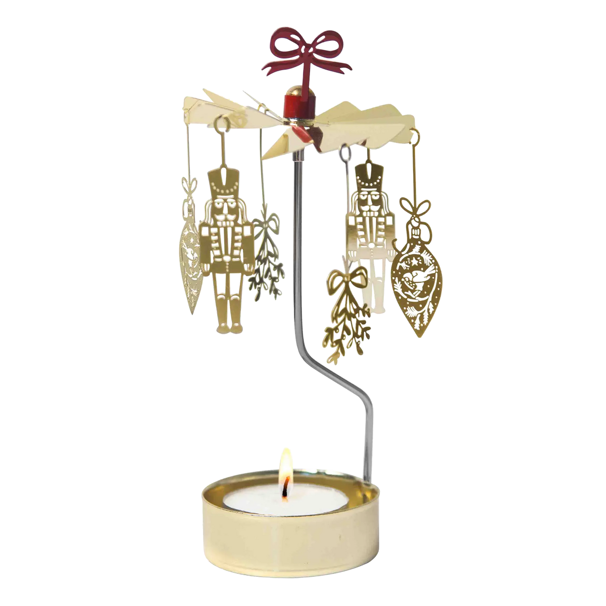 Gold-colored Swedish rotary candle holder featuring hanging nutcracker and ornament silhouettes, topped with a red bow.