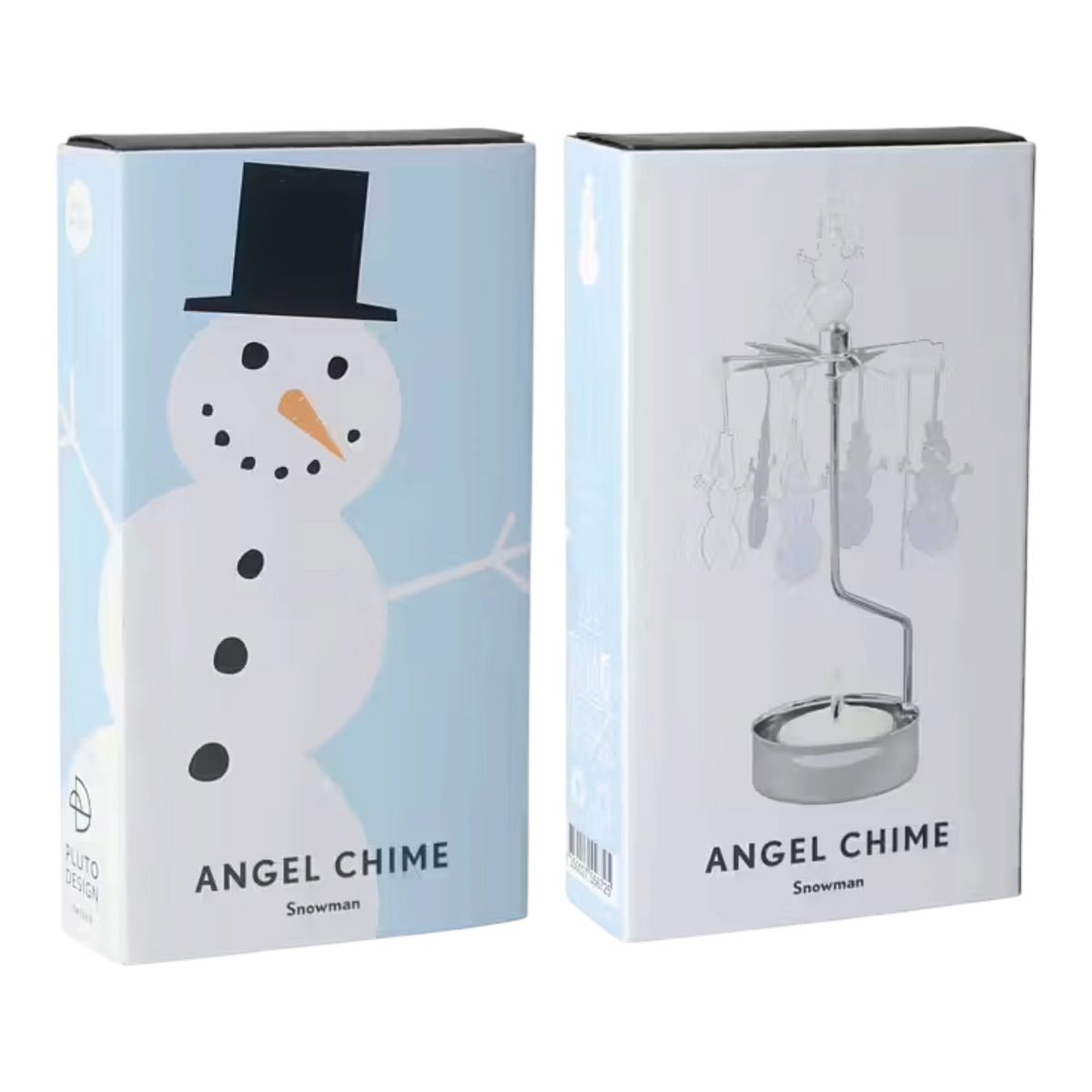 Packaging for a rotary candle holder showing a snowman illustration on the front and a photograph of the assembled metal spinner on the side.