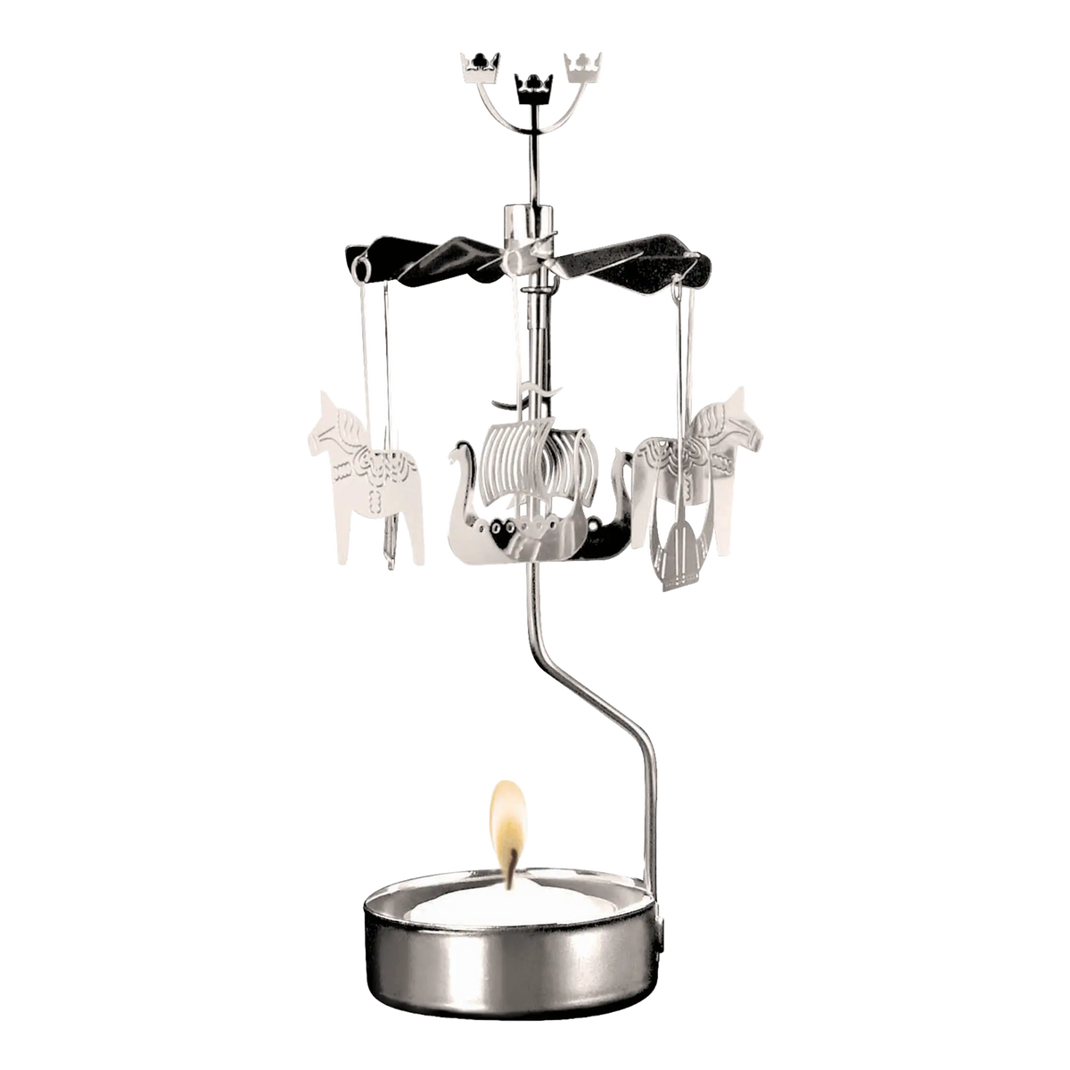 A silver-toned metal rotary candle holder with hanging Dala horse and Viking ship ornaments, featuring a lit tea light at the base.