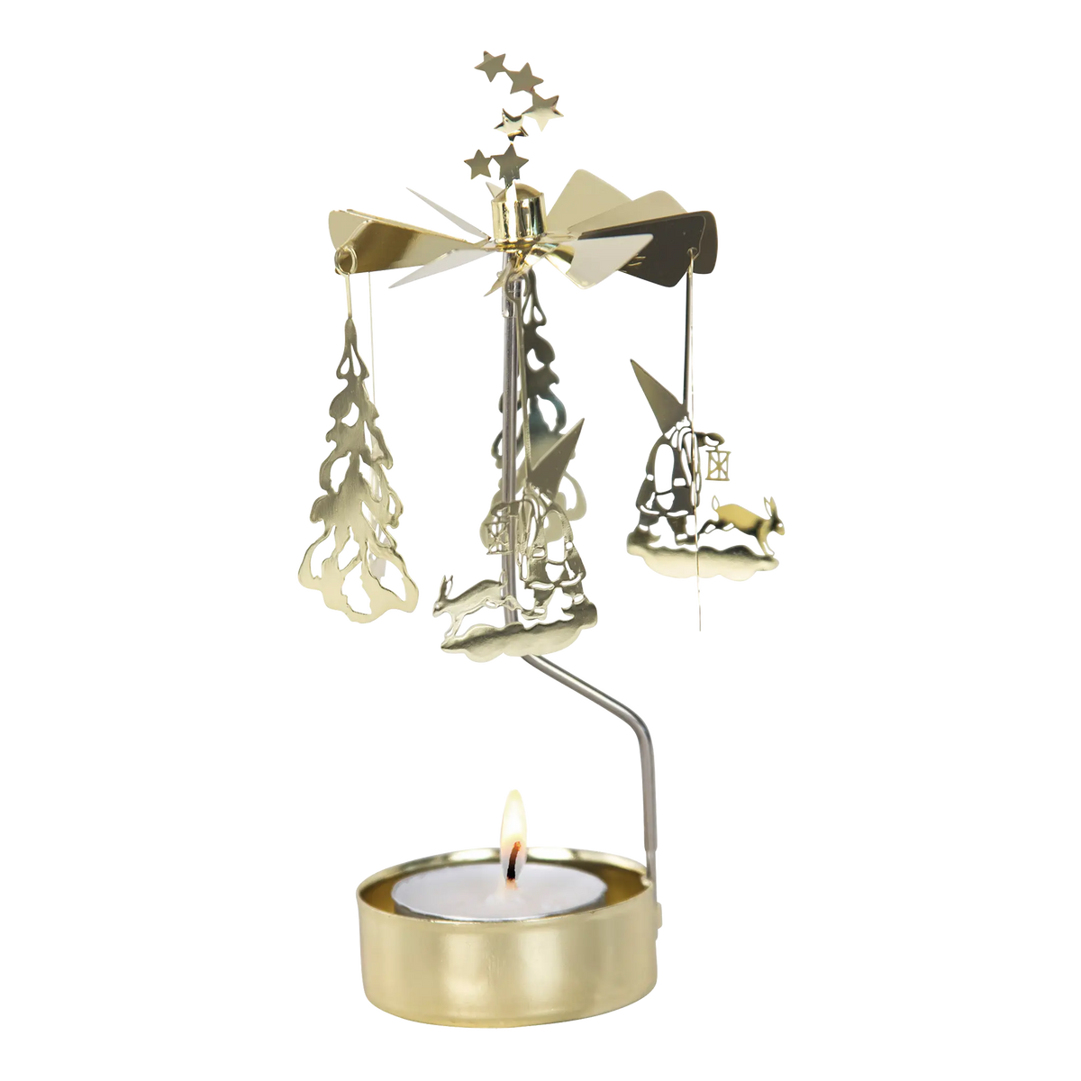 Gold-tone metal rotary candle holder with hanging tree, gnome, and woodland animal ornaments, topped with a spinning star finial.