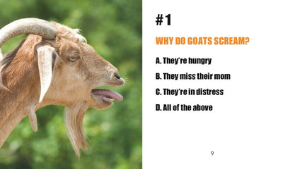 A side view of a goat with an open mouth is featured, posing the trivia question: Why do goats scream? The options are A. Hungry, B. Miss mom, C. In distress, D. All of the above—making it a fantastic addition to the "Mini Book + Screaming Goat Desktop Companion" as a gag gift perfect for any animal lover!