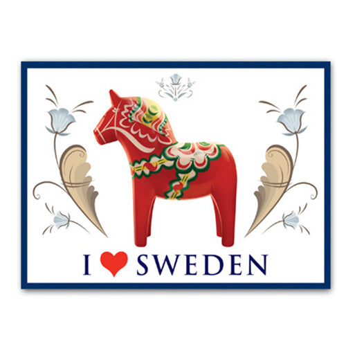Postcard featuring a red Dala horse with intricate Swedish flowers and decorative elements. Text reads I ♥ SWEDEN.