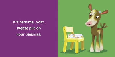 A cartoon goat stands by a yellow chair with folded pajamas. Text says: “It’s bedtime, Goat. Please put on your pajamas.” Go to Bed, Goat by Michael Dahl is a playful board book from the Hello Genius series.