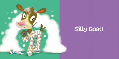 In Go to Bed, Goat by Michael Dahl, a playful goat in pajamas stands on a green background with a pacifier and bottle nearby; “Silly Goat!” appears on purple, making this board book a fun addition to the Hello Genius series.