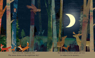 This peek-through board book, "Moon - A Peek-Through Board Book" by Britta Teckentrup, showcases a magical illustration of a nighttime forest scene with foxes, deer, and an owl. The crescent moon shines brightly above, providing young readers with an introduction to the phases and mysteries of the moon. It serves as a perfect bedtime read to ignite curiosity before sleep.