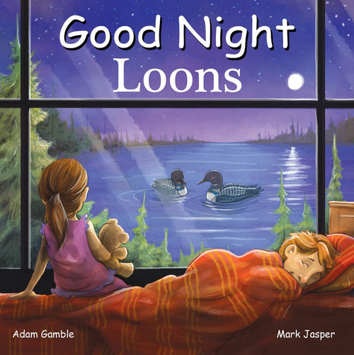 In Good Night Loons by Adam Gamble & Mark Jasper, a girl with a teddy bear gazes at two loons on a lake beneath the night sky while her fellow young bird-watchers sleep under blankets in this charming board book.