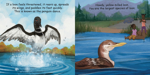 An illustrated loon spreads its wings in water while a yellow-billed loon swims nearby and two young bird-watchers watch from shore—perfect for the board book Good Night Loons by Adam Gamble & Mark Jasper.