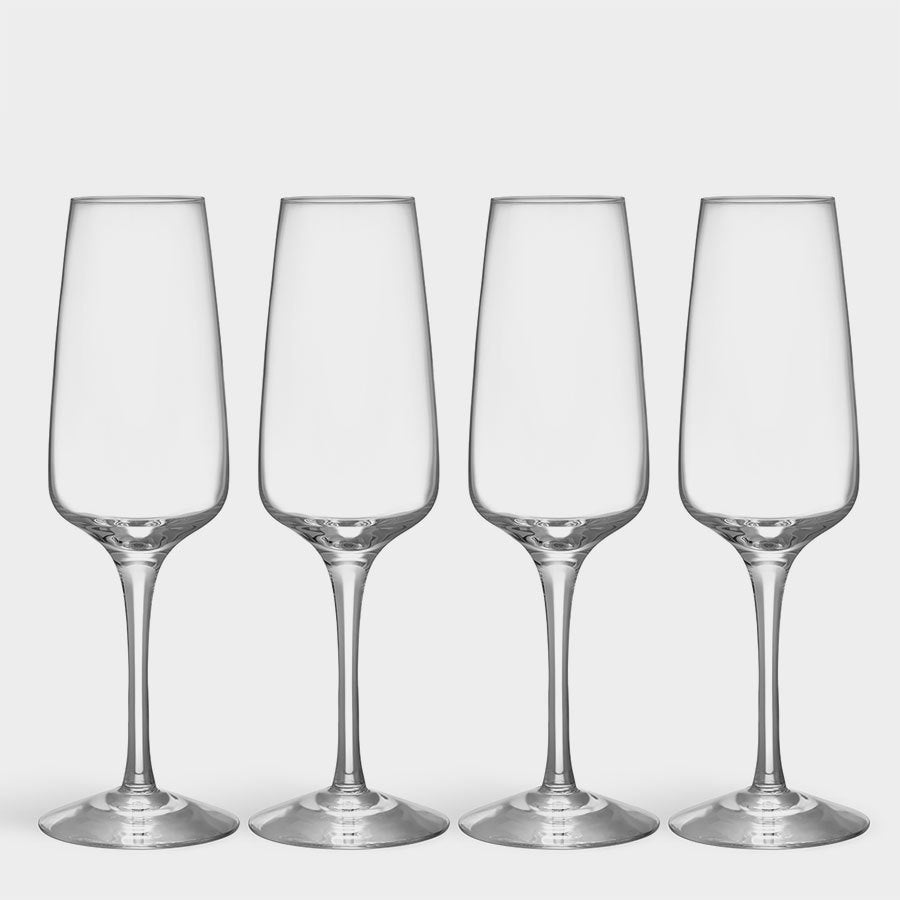 Four Orrefors Pulse Champagne Glasses sit elegantly in a row on a pristine white background.