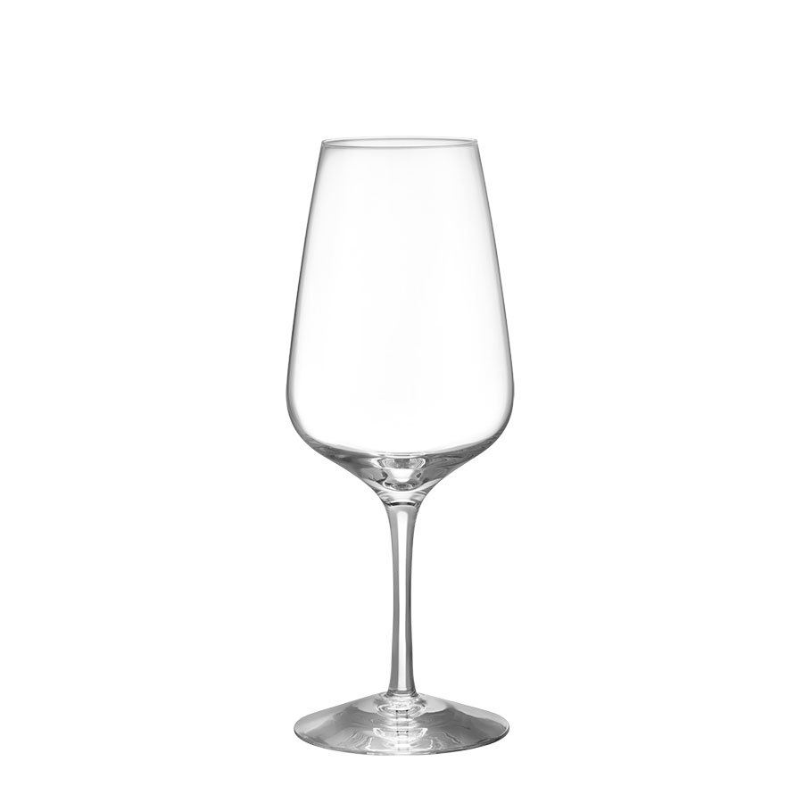 A clear wine glass from the Orrefors: Pulse White Wine Glass (4-Pack) collection, with a tall stem and wide bowl, is set against a plain white background.