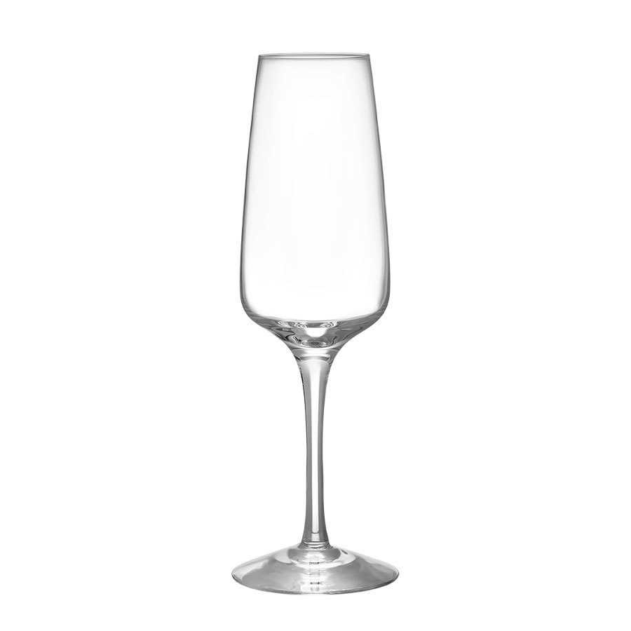 A clear, empty wine glass with a tall stem and a slightly tapered bowl, from the Orrefors: Pulse Champagne Glass (4-Pack) collection by Ingegerd Råman, is elegantly centered on a white background.