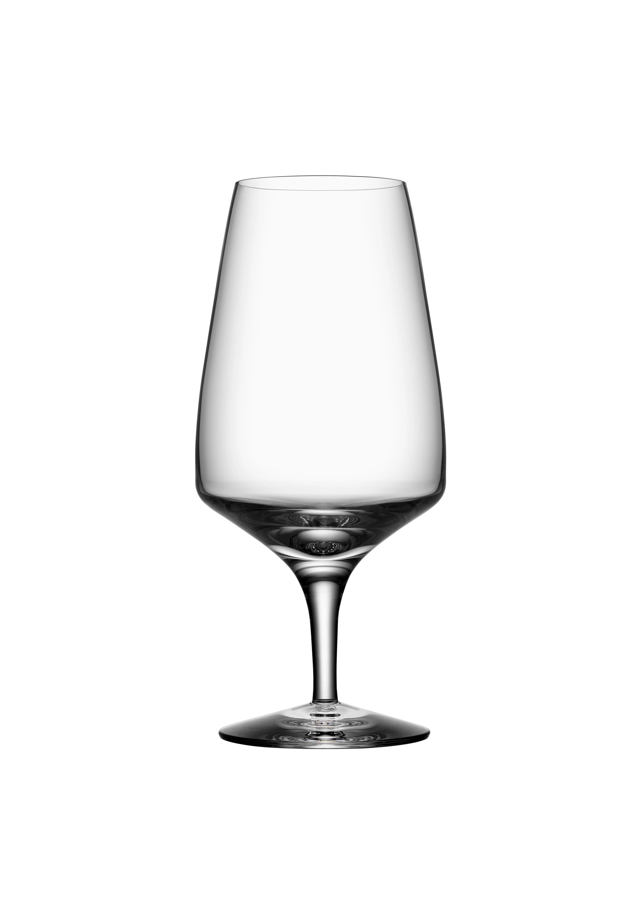 A set of four Orrefors Pulse Beer Glasses (18.5oz), designed by Ingegerd Raman, with wide bowls and short stems, showcases Scandinavian simplicity against a plain white background.