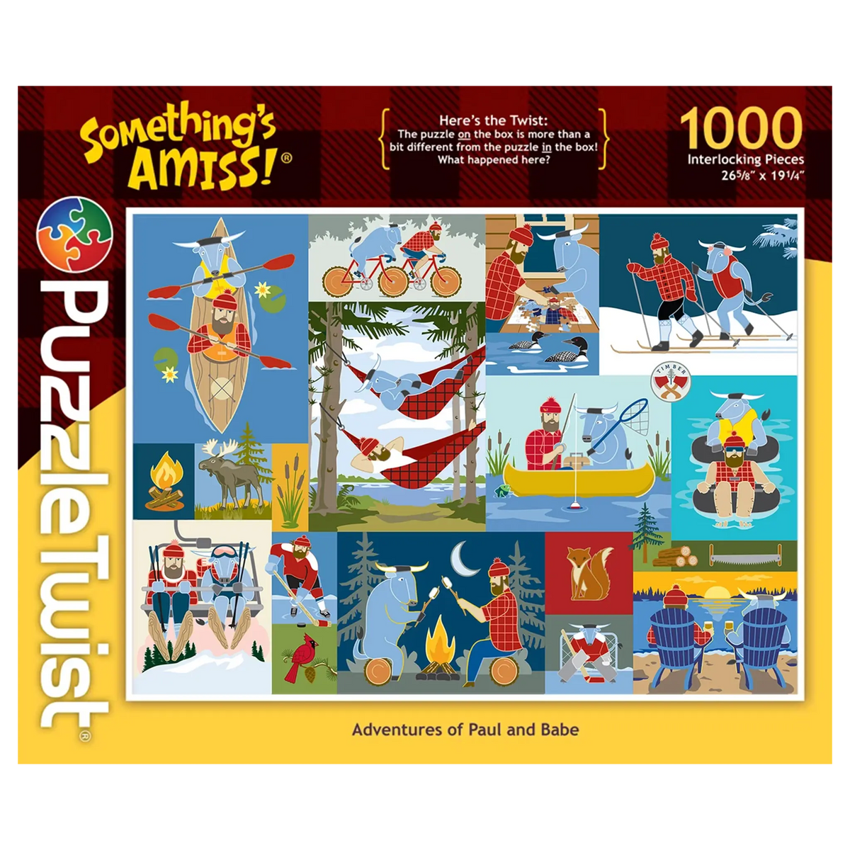 Jigsaw puzzle box showing cartoon Paul Bunyan and Babe the Blue Ox camping, fishing, biking, and canoeing; marked with PuzzleTwist logo and 1000 pieces.