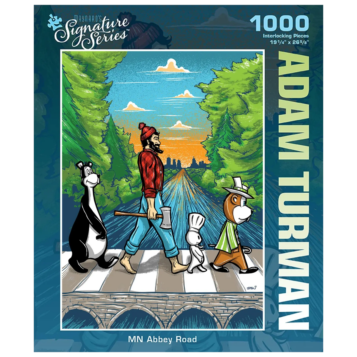 Puzzle box featuring a man and three cartoon animals crossing a road Abbey Road-style, with trees and a sunset in the background. “Adam Turman” visible on the box.