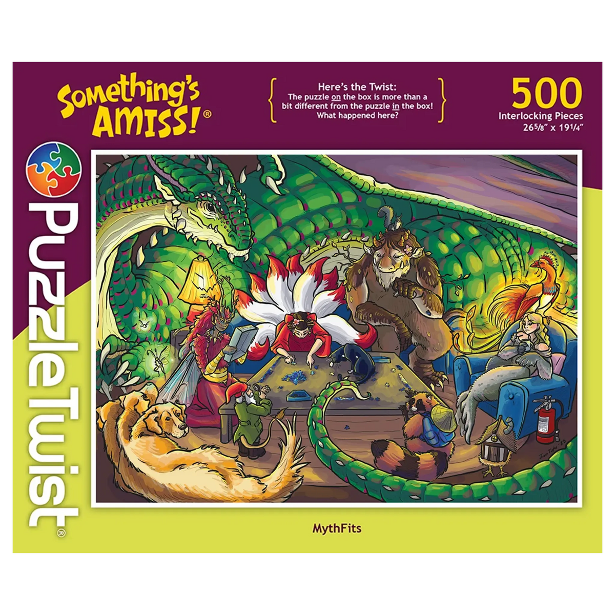 500-piece jigsaw puzzle featuring colorful mythical creatures and a dragon relaxing together in a whimsical, ornately decorated room.