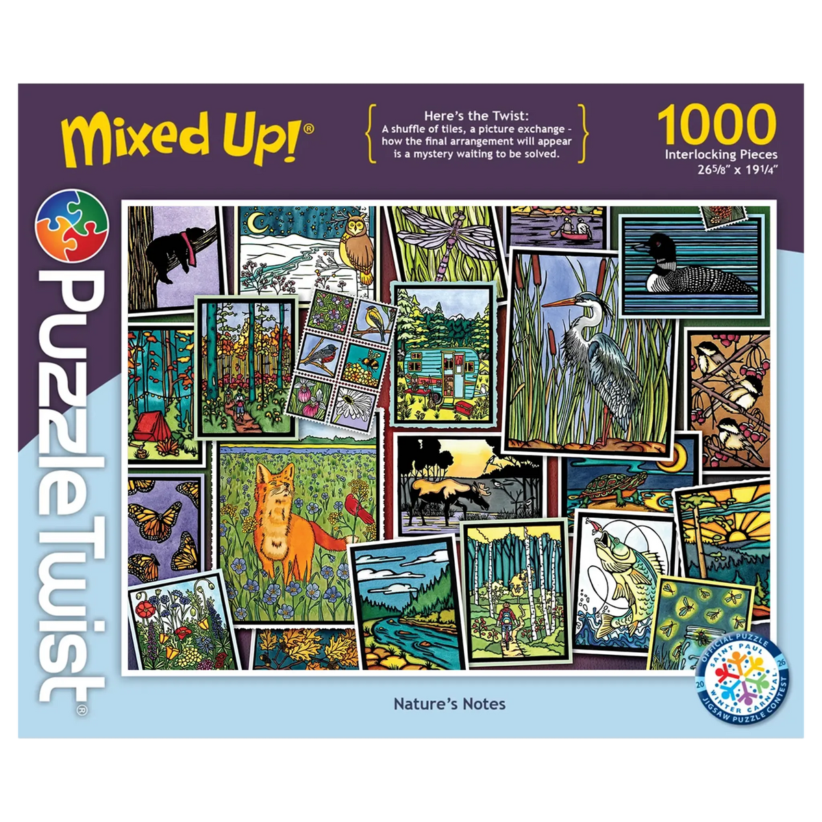 Jigsaw puzzle box featuring Sarah Angst artwork with birds, a fox, flowers, and colorful forest scenes; 1000 pieces displayed on the packaging.