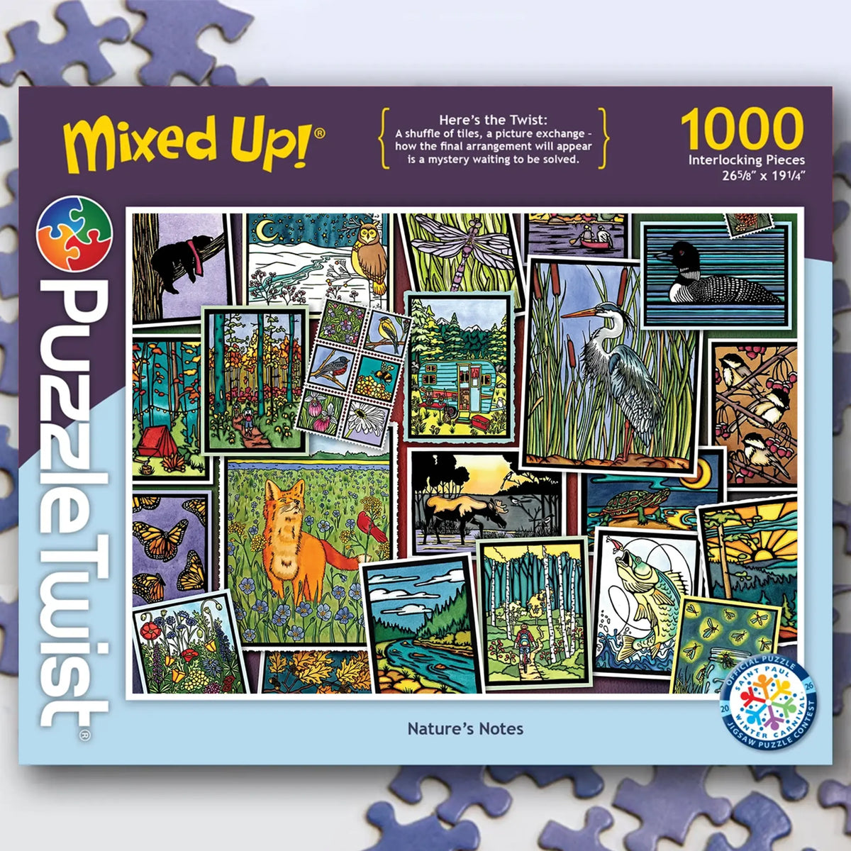 Jigsaw puzzle box displaying Sarah Angst artwork with vibrant nature scenes, animals, and plants. Visible text shows the title “Natures Notes” and “1000 pieces.”.