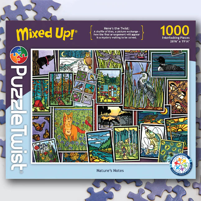 Box cover features vibrant, nature-inspired artwork by Sarah Angst, showcasing animals, birds, trees, and lakes. The text reads “Mixed Up!” and “1000 interlocking pieces.” The brand name “Maynards” is displayed on the left, highlighting this unique PuzzleTwist Nordic puzzle experience with the product title: Nature's Notes 1000 Piece "Mixed Up!" Jigsaw Puzzle.