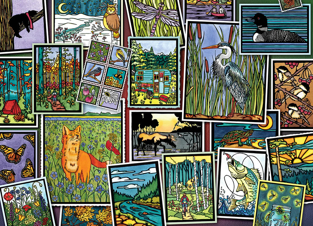 A vibrant collage of colorful illustrations by Sarah Angst—featuring animals, forests, rivers, wildflowers, fish, foxes, and birds in whimsical nature-themed scenes reminiscent of storybook art—all intricately arranged in overlapping layers as seen on the Maynards Puzzle: Nature’s Notes 1000 Piece "Mixed Up!" PuzzleTwist Jigsaw Puzzle.