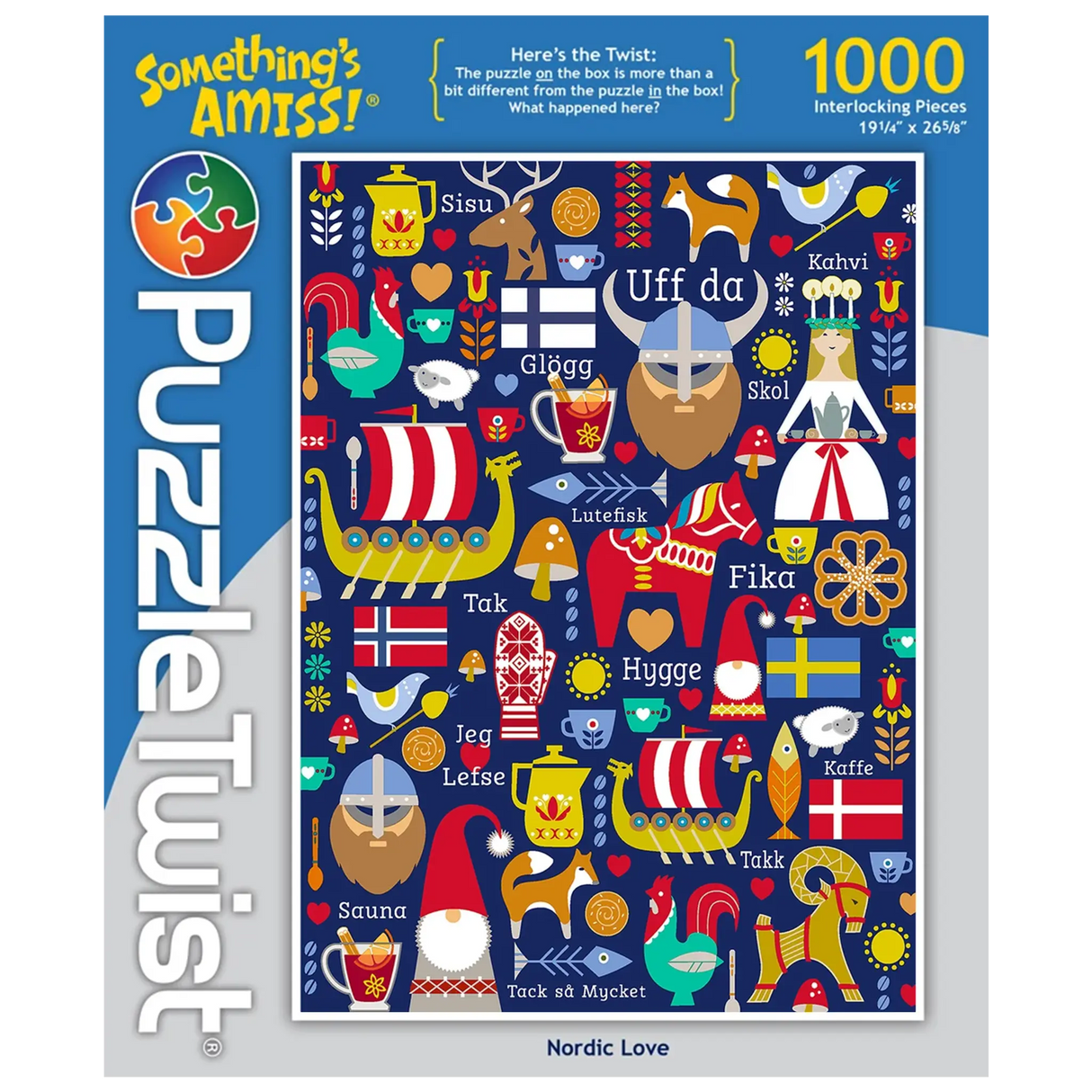 1000-piece puzzle with Nordic symbols, Scandinavian flags, Viking ships, gnomes, and words like Fika and Hygge on a dark blue background.