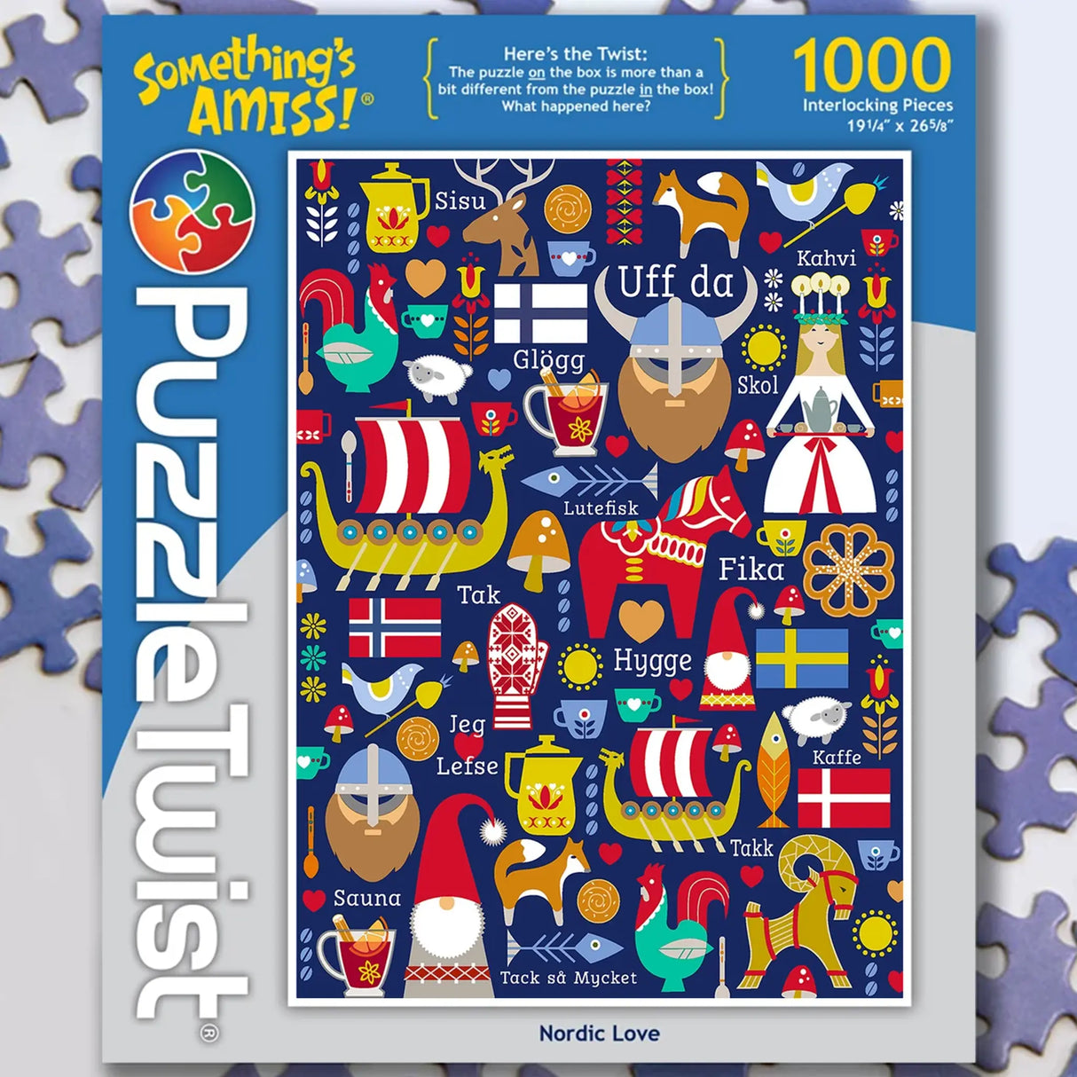 Puzzle with Viking ships, Nordic flags, Scandinavian foods, and words Fika, Hygge, Uff da on a dark blue background.