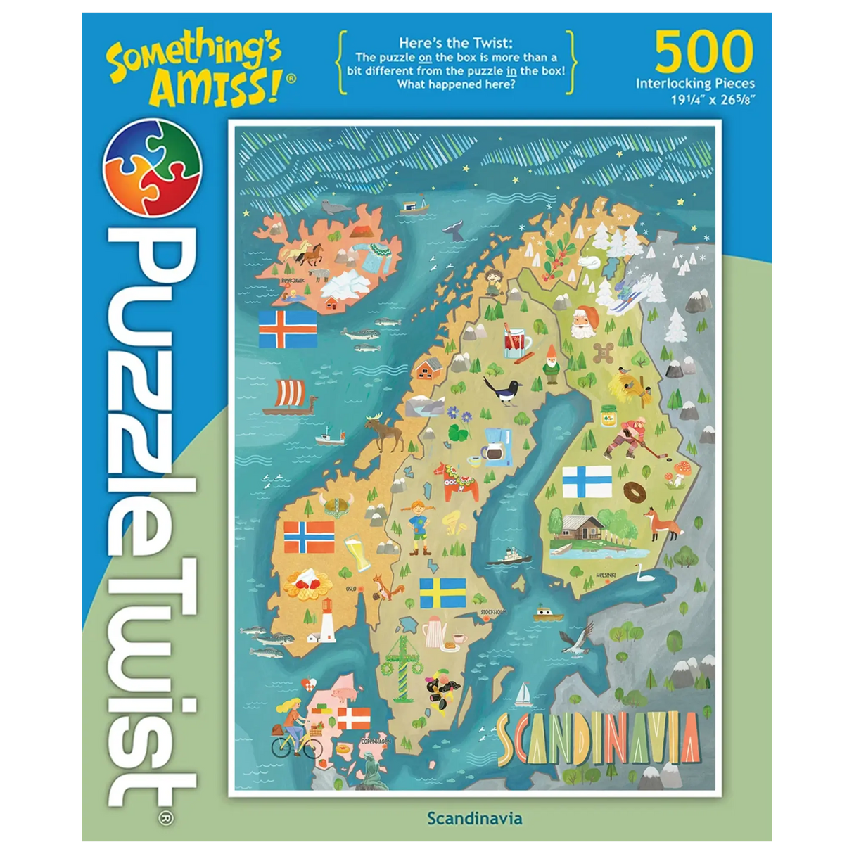 500 piece jigsaw puzzle box showing a colorful illustrated map of Scandinavia with visible flags, landmarks, and PuzzleTwist branding on the side. Art by Mirka Hokkanen.