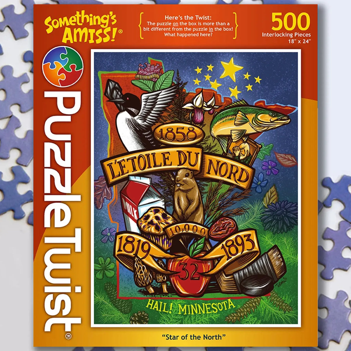 Box for a 500-piece Minnesota jigsaw puzzle with Adam Turman artwork showing state symbols; “Somethings Amiss!” and “PuzzleTwist” are visible at the top.