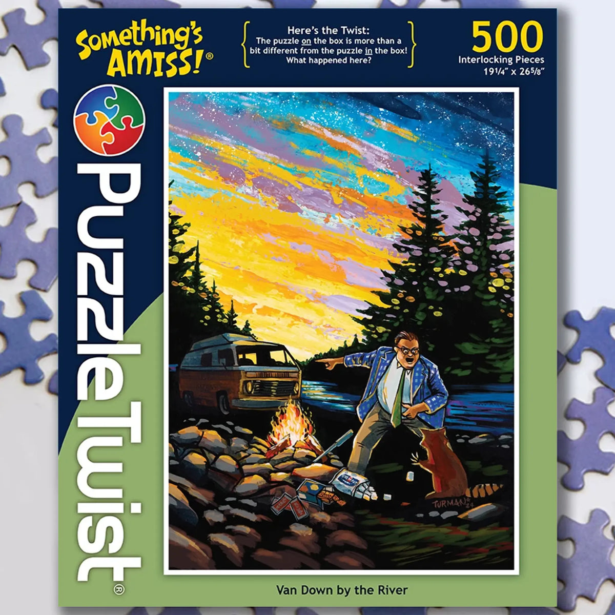 500 piece jigsaw puzzle showing a man in a suit standing near a river, van, and campfire with trees and a colorful sky in the background.