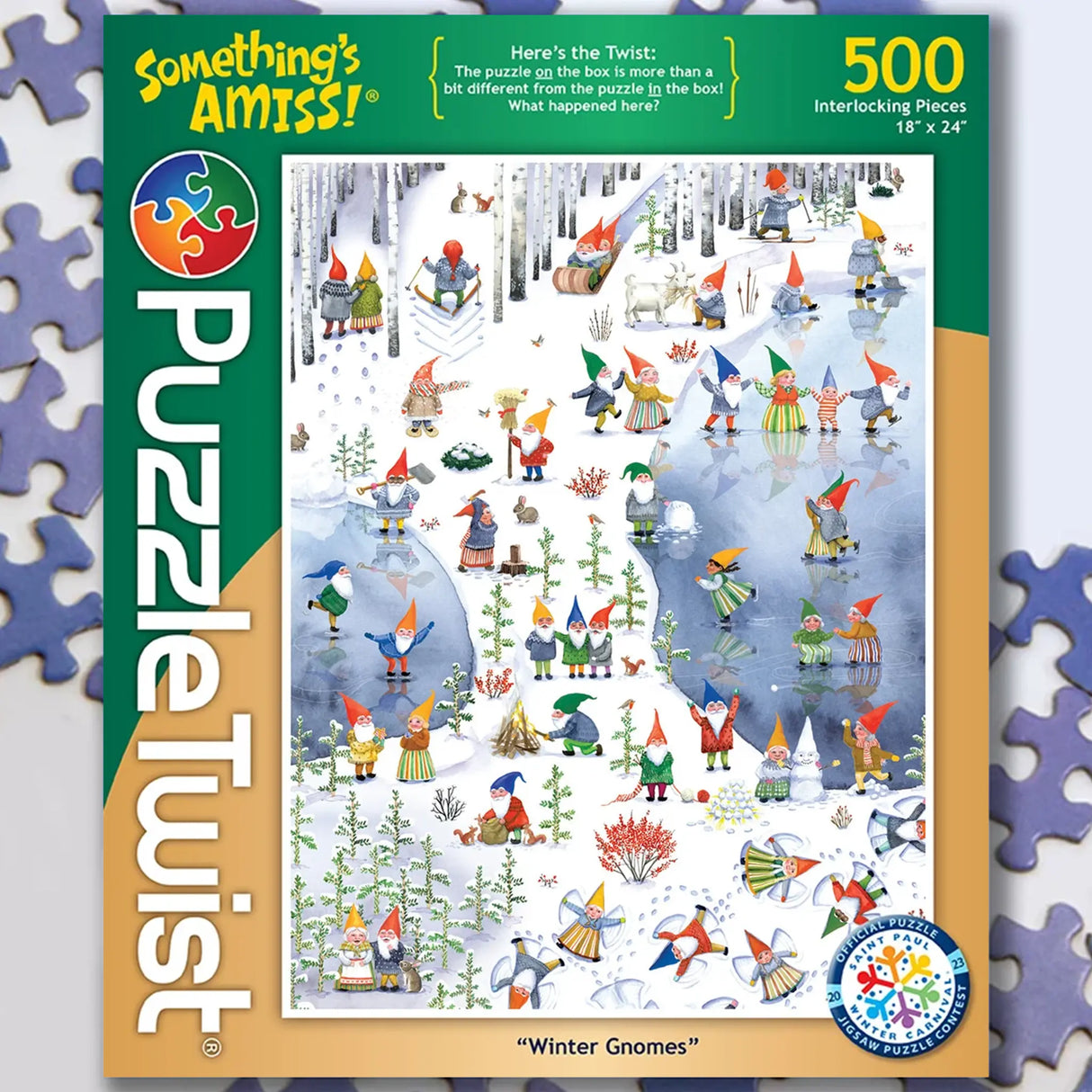 Jigsaw puzzle showing gnomes in Nordic winter scenes, wearing pointy hats and surrounded by snow, trees, and Scandinavian-inspired patterns.