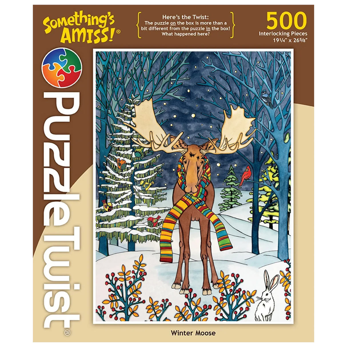 A jigsaw puzzle box featuring a colorful moose wearing a striped scarf standing in snowy Minnesota wildlife with a rabbit. The box displays “Somethings Amiss!”.
