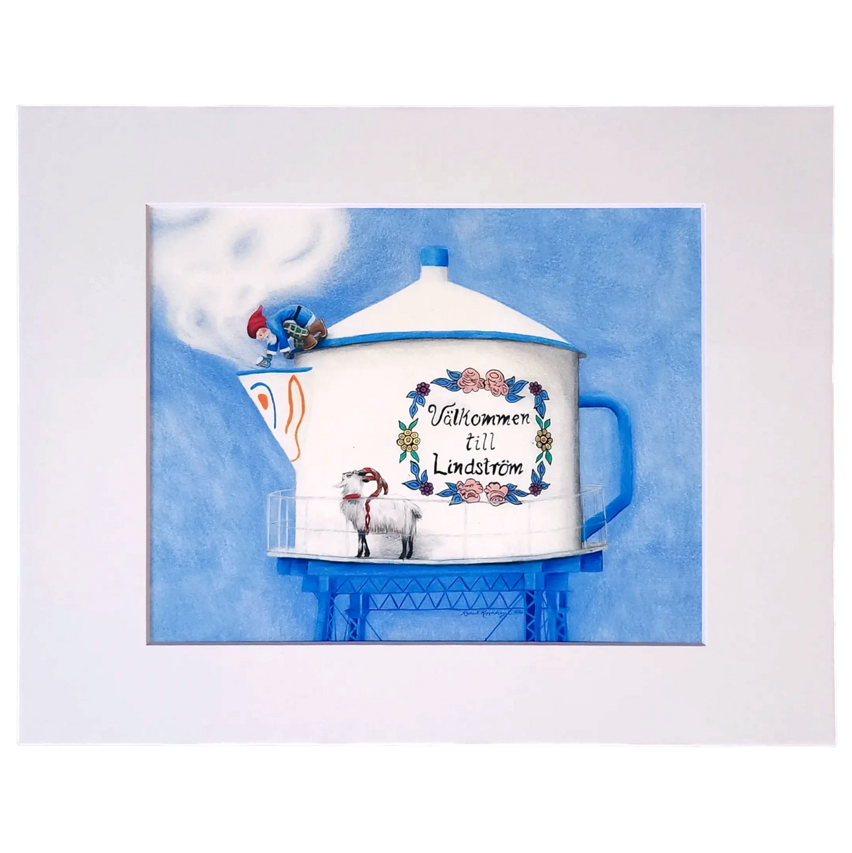 The 8x10 print "Coffee, Anyone? Lindstrom Coffee Pot WaterTower" by Rachael Koppendrayer features a white coffee pot with "Välkommen till Lindström," floral designs, a blue tower, sheep, and stork beneath a blue sky with steam.