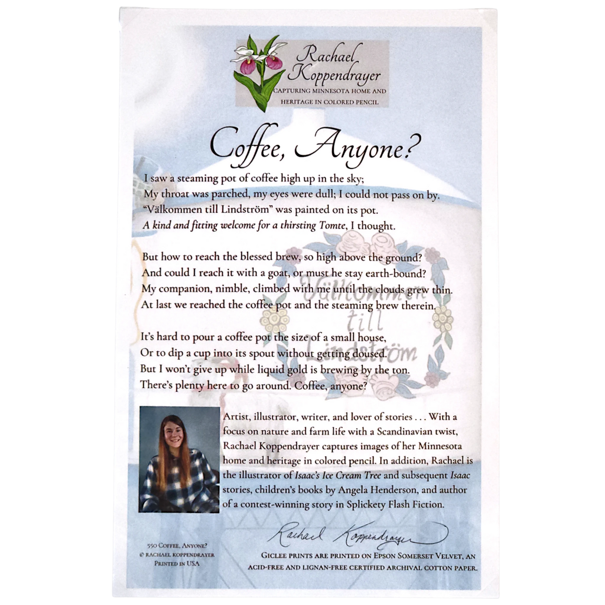 The "Coffee, Anyone? Lindstrom Coffee Pot WaterTower" 8x10 print by Rachael Koppendrayer features unique artwork in an 11x14 mat, reflecting her signature style.