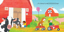 Children enjoy the enchanting scenes of Wisconsin Baby, playing near a cow and a barn with toy wagons and a balloon under the blue sky.